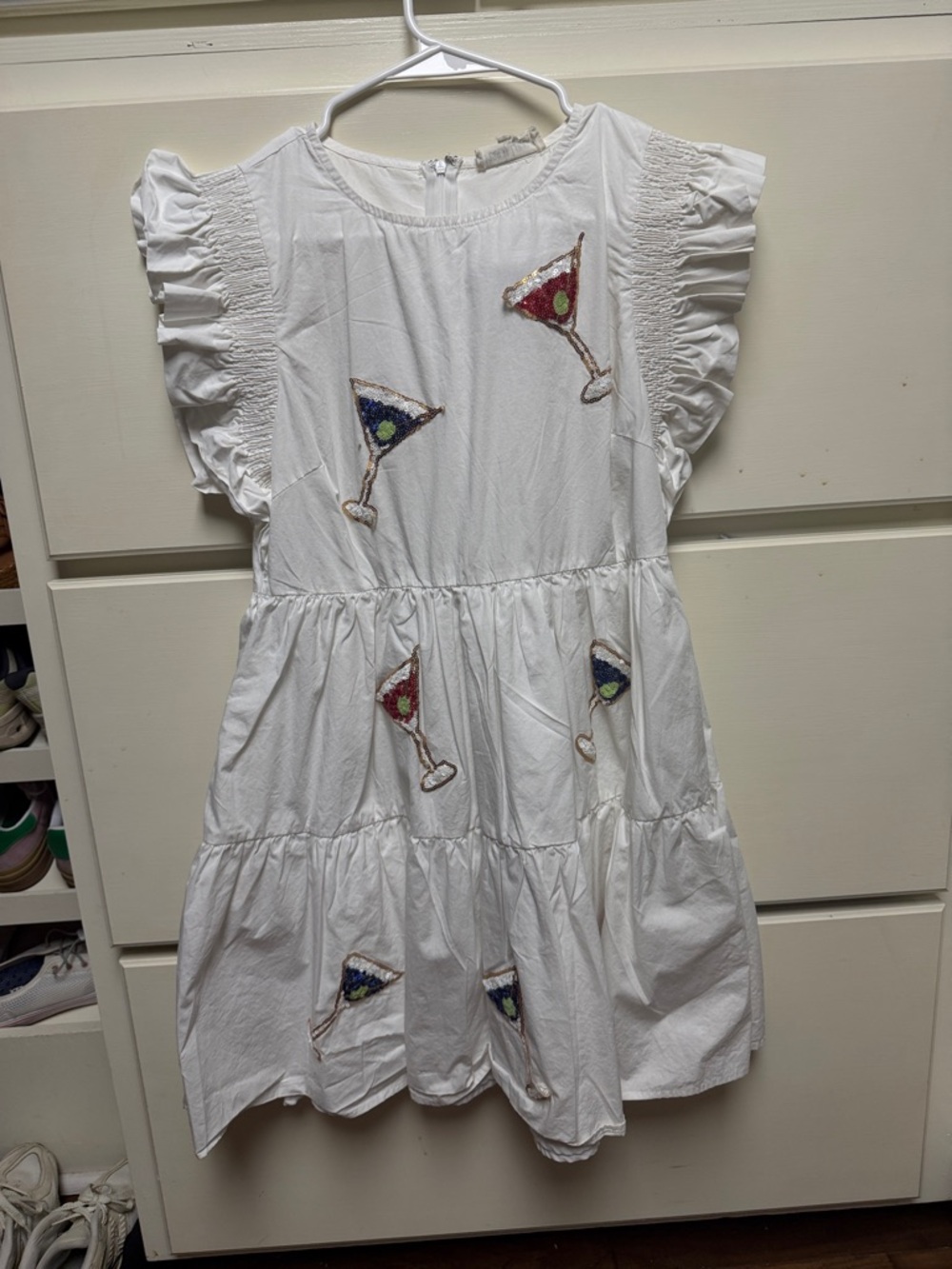White Ruffle-Sleeve Kids Dress with Colorful Cocktail Embroidery